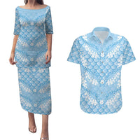 Baby Blue Mermaid Puakenikeni Maile Lei Couples Matching Puletasi and Hawaiian Shirt