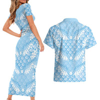Baby Blue Mermaid Puakenikeni Maile Lei Couples Matching Short Sleeve Bodycon Dress and Hawaiian Shirt