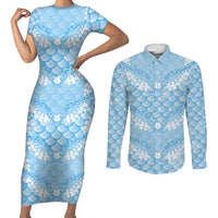 Baby Blue Mermaid Puakenikeni Maile Lei Couples Matching Short Sleeve Bodycon Dress and Long Sleeve Button Shirt