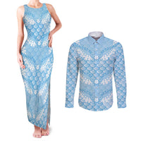 Baby Blue Mermaid Puakenikeni Maile Lei Couples Matching Tank Maxi Dress and Long Sleeve Button Shirt