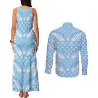 Baby Blue Mermaid Puakenikeni Maile Lei Couples Matching Tank Maxi Dress and Long Sleeve Button Shirt