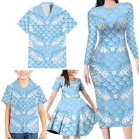 Baby Blue Mermaid Puakenikeni Maile Lei Family Matching Long Sleeve Bodycon Dress and Hawaiian Shirt