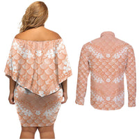 Apricot Mermaid Puakenikeni Maile Lei Couples Matching Off Shoulder Short Dress and Long Sleeve Button Shirt
