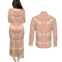 Apricot Mermaid Puakenikeni Maile Lei Couples Matching Puletasi and Long Sleeve Button Shirt