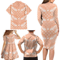 Apricot Mermaid Puakenikeni Maile Lei Family Matching Long Sleeve Bodycon Dress and Hawaiian Shirt LT01 - Polynesian Pride