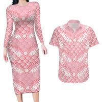 Soft Pink Mermaid Puakenikeni Maile Lei Couples Matching Long Sleeve Bodycon Dress and Hawaiian Shirt