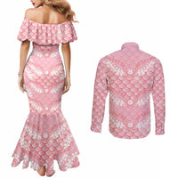 Soft Pink Mermaid Puakenikeni Maile Lei Couples Matching Mermaid Dress and Long Sleeve Button Shirt
