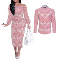 Soft Pink Mermaid Puakenikeni Maile Lei Couples Matching Off The Shoulder Long Sleeve Dress and Long Sleeve Button Shirt
