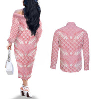 Soft Pink Mermaid Puakenikeni Maile Lei Couples Matching Off The Shoulder Long Sleeve Dress and Long Sleeve Button Shirt