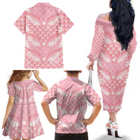Soft Pink Mermaid Puakenikeni Maile Lei Family Matching Off The Shoulder Long Sleeve Dress and Hawaiian Shirt