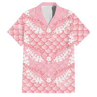 Soft Pink Mermaid Puakenikeni Maile Lei Family Matching Off The Shoulder Long Sleeve Dress and Hawaiian Shirt