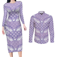 Lilac Mermaid Puakenikeni Maile Lei Couples Matching Long Sleeve Bodycon Dress and Long Sleeve Button Shirt