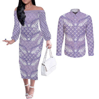 Lilac Mermaid Puakenikeni Maile Lei Couples Matching Off The Shoulder Long Sleeve Dress and Long Sleeve Button Shirt