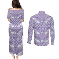 Lilac Mermaid Puakenikeni Maile Lei Couples Matching Puletasi and Long Sleeve Button Shirt LT01 - Polynesian Pride