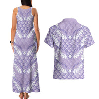 Lilac Mermaid Puakenikeni Maile Lei Couples Matching Tank Maxi Dress and Hawaiian Shirt