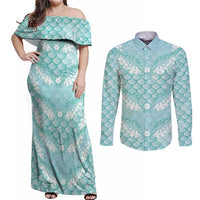 Light Turquoise Mermaid Puakenikeni Maile Lei Couples Matching Off Shoulder Maxi Dress and Long Sleeve Button Shirt LT01 Turquoise - Polynesian Pride