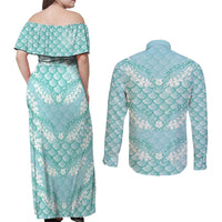 Light Turquoise Mermaid Puakenikeni Maile Lei Couples Matching Off Shoulder Maxi Dress and Long Sleeve Button Shirt LT01 - Polynesian Pride