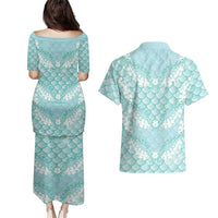 Light Turquoise Mermaid Puakenikeni Maile Lei Couples Matching Puletasi and Hawaiian Shirt