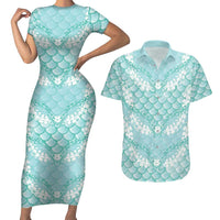 Light Turquoise Mermaid Puakenikeni Maile Lei Couples Matching Short Sleeve Bodycon Dress and Hawaiian Shirt