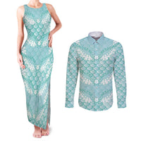 Light Turquoise Mermaid Puakenikeni Maile Lei Couples Matching Tank Maxi Dress and Long Sleeve Button Shirt