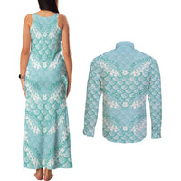 Light Turquoise Mermaid Puakenikeni Maile Lei Couples Matching Tank Maxi Dress and Long Sleeve Button Shirt
