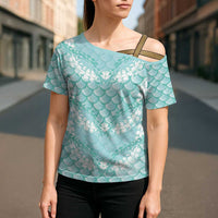Light Turquoise Mermaid Puakenikeni Maile Lei Cross Shoulder Shirt