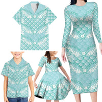 Light Turquoise Mermaid Puakenikeni Maile Lei Family Matching Long Sleeve Bodycon Dress and Hawaiian Shirt
