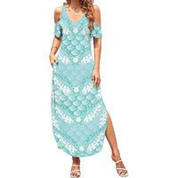 Light Turquoise Mermaid Puakenikeni Maile Lei Family Matching Summer Maxi Dress and Hawaiian Shirt