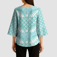 Light Turquoise Mermaid Puakenikeni Maile Lei Kimono Sleeve Blouse LT01 - Polynesian Pride