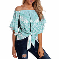 Light Turquoise Mermaid Puakenikeni Maile Lei Off Shoulder Wrap Waist Top LT01 - Polynesian Pride