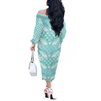 Light Turquoise Mermaid Puakenikeni Maile Lei Off The Shoulder Long Sleeve Dress