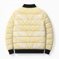 Pastel Yellow Mermaid Puakenikeni Maile Lei Bomber Puffer Jacket