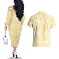 Pastel Yellow Mermaid Puakenikeni Maile Lei Couples Matching Off The Shoulder Long Sleeve Dress and Hawaiian Shirt