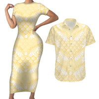 Pastel Yellow Mermaid Puakenikeni Maile Lei Couples Matching Short Sleeve Bodycon Dress and Hawaiian Shirt