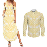Pastel Yellow Mermaid Puakenikeni Maile Lei Couples Matching Summer Maxi Dress and Long Sleeve Button Shirt