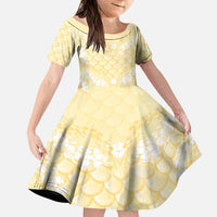 Pastel Yellow Mermaid Puakenikeni Maile Lei Family Matching Mermaid Dress and Hawaiian Shirt LT01 Daughter's Dress Yellow - Polynesian Pride