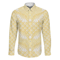 Pastel Yellow Mermaid Puakenikeni Maile Lei Family Matching Mermaid Dress and Hawaiian Shirt LT01 Dad's Shirt - Long Sleeve Yellow - Polynesian Pride