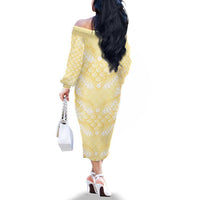 Pastel Yellow Mermaid Puakenikeni Maile Lei Family Matching Off The Shoulder Long Sleeve Dress and Hawaiian Shirt