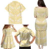 Pastel Yellow Mermaid Puakenikeni Maile Lei Family Matching Puletasi and Hawaiian Shirt