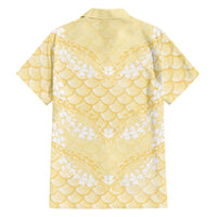 Pastel Yellow Mermaid Puakenikeni Maile Lei Family Matching Puletasi and Hawaiian Shirt