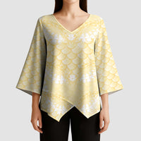 Pastel Yellow Mermaid Puakenikeni Maile Lei Kimono Sleeve Blouse