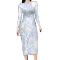 Samoa White Sunday Long Sleeve Bodycon Dress Plumeria Floral