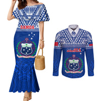 Samoa Rugby Couples Matching Mermaid Dress and Long Sleeve Button Shirts Manu Samoa Polynesian Tatoo Pattern LT01 Blue - Polynesian Pride