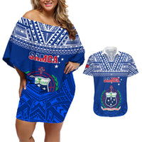 Samoa Rugby Couples Matching Off Shoulder Short Dress and Hawaiian Shirt Manu Samoa Polynesian Tatoo Pattern LT01 Blue - Polynesian Pride