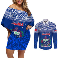 Samoa Rugby Couples Matching Off Shoulder Short Dress and Long Sleeve Button Shirts Manu Samoa Polynesian Tatoo Pattern LT01 Blue - Polynesian Pride
