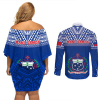 Samoa Rugby Couples Matching Off Shoulder Short Dress and Long Sleeve Button Shirts Manu Samoa Polynesian Tatoo Pattern LT01 - Polynesian Pride