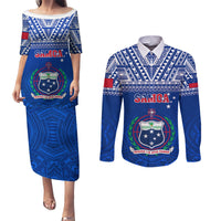 Samoa Rugby Couples Matching Puletasi Dress and Long Sleeve Button Shirts Manu Samoa Polynesian Tatoo Pattern LT01 Blue - Polynesian Pride