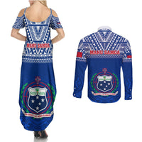 Samoa Rugby Couples Matching Summer Maxi Dress and Long Sleeve Button Shirts Manu Samoa Polynesian Tatoo Pattern LT01 - Polynesian Pride