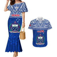 Custom Samoa Rugby Couples Matching Mermaid Dress and Hawaiian Shirt Manu Samoa Polynesian Tatoo Pattern LT01 Blue - Polynesian Pride