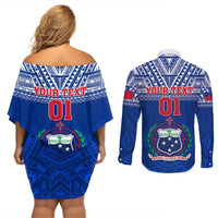 Custom Samoa Rugby Couples Matching Off Shoulder Short Dress and Long Sleeve Button Shirts Manu Samoa Polynesian Tatoo Pattern LT01 - Polynesian Pride